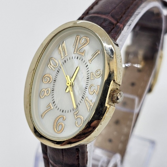 26MM Women's Watch MOP White Dial Brown Leather Bands New Battery - Picture 3 of 14